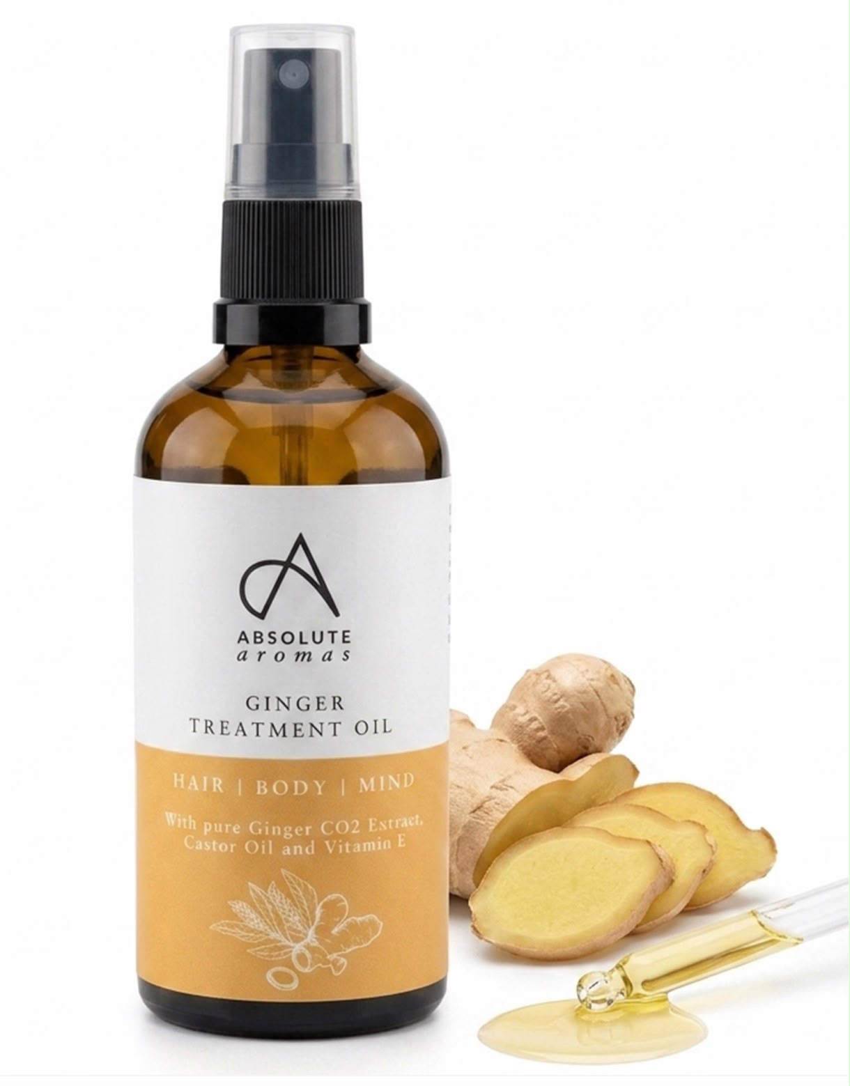 Clean packshot with ginger root and dropper