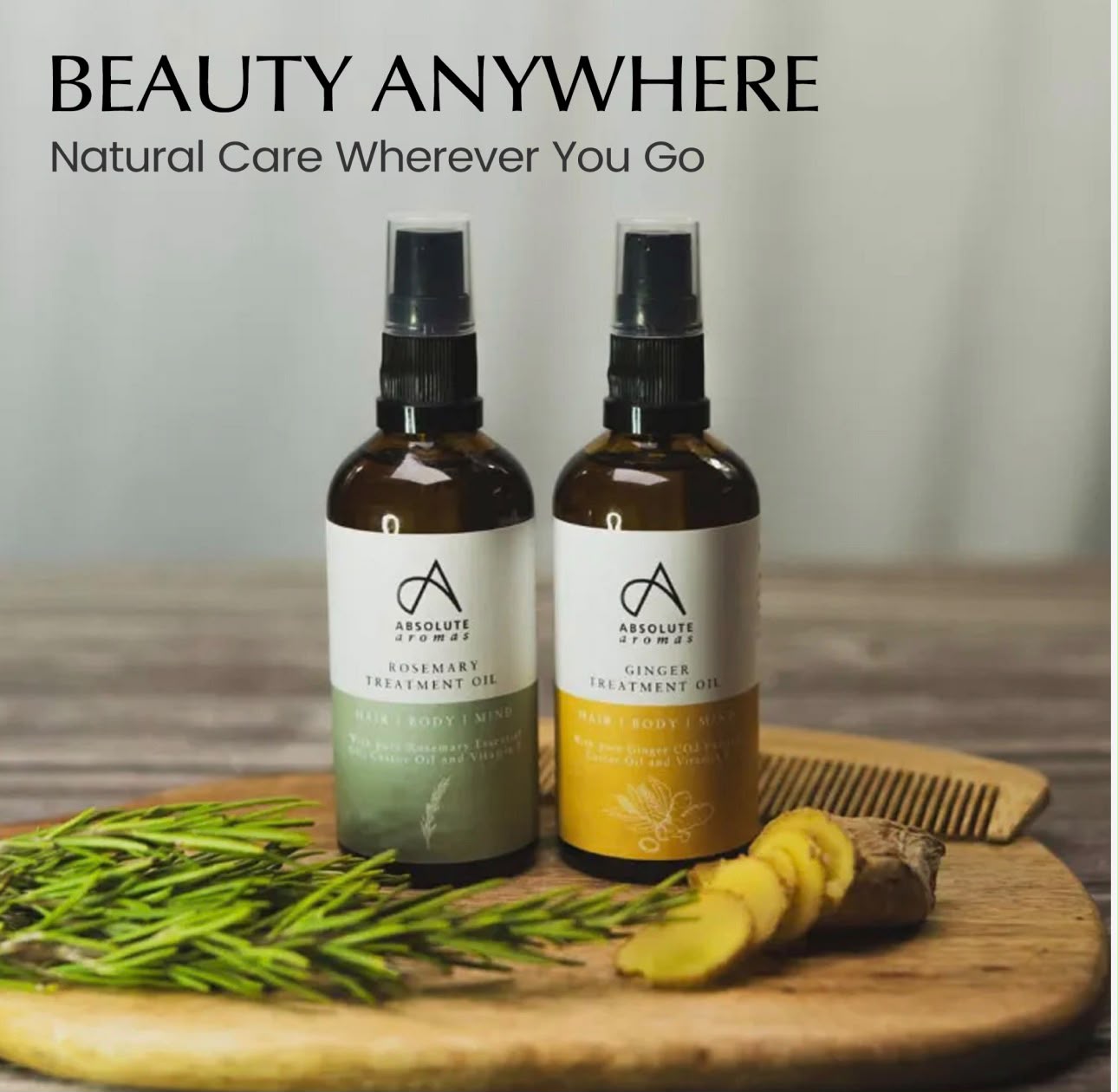 Rosemary and ginger side by side on a board